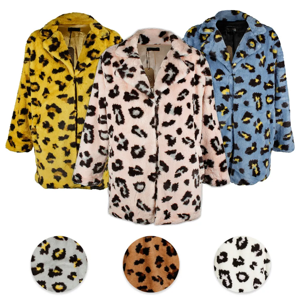 Janice Apparel Women's Faux Fur Animal Print Leopard Notch Collar Jacket No Size