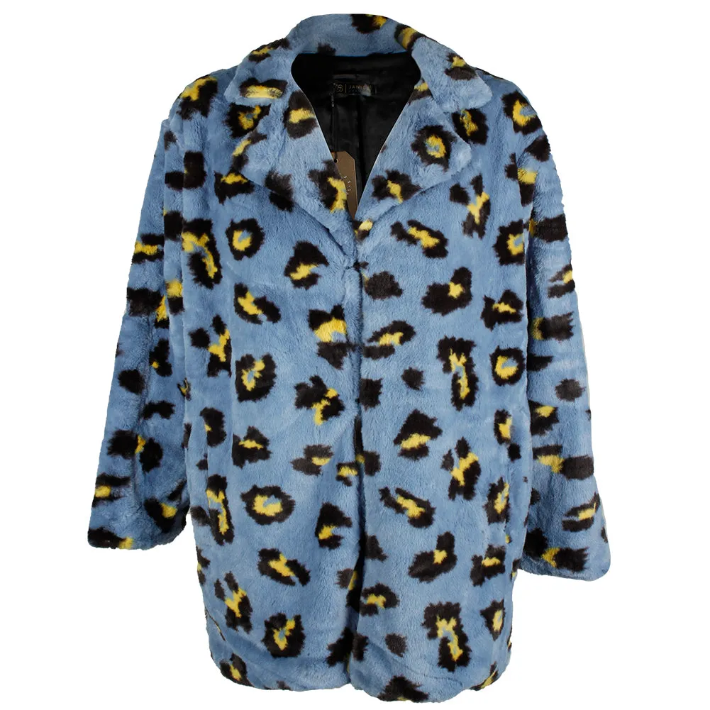 Janice Apparel Women's Faux Fur Animal Print Leopard Notch Collar Jacket No Size