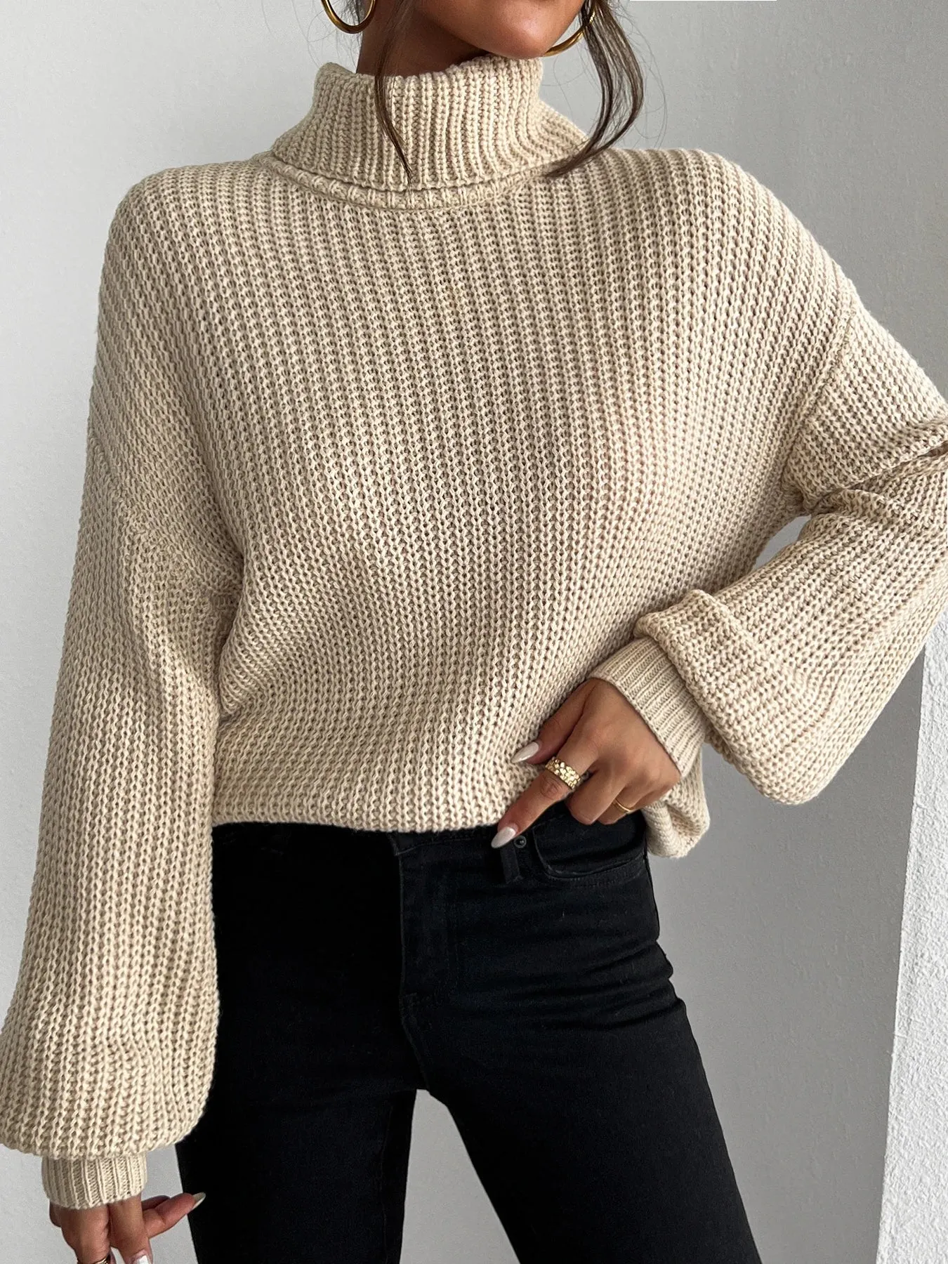 Khaki Knit Ribbed Turtleneck Puff Sleeve Sweater