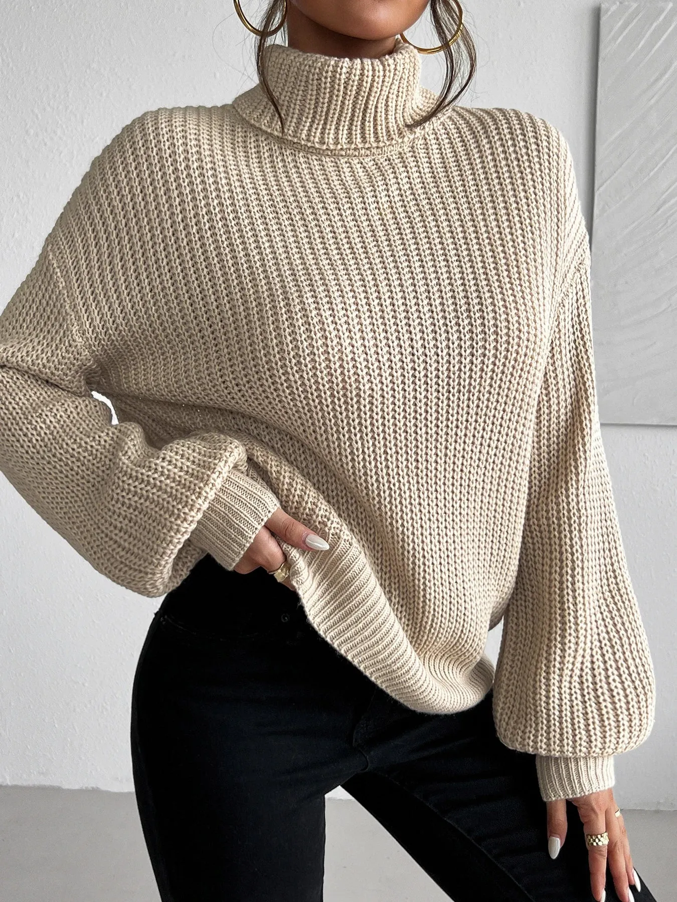 Khaki Knit Ribbed Turtleneck Puff Sleeve Sweater