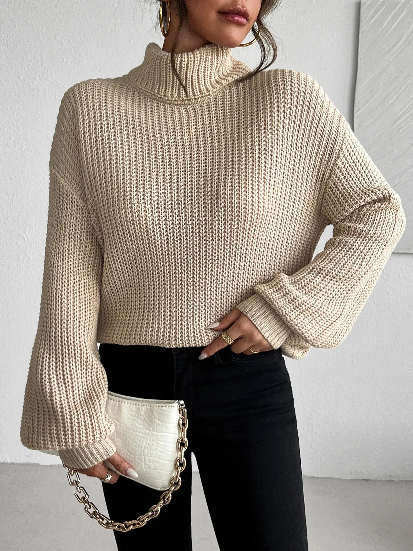 Khaki Knit Ribbed Turtleneck Puff Sleeve Sweater