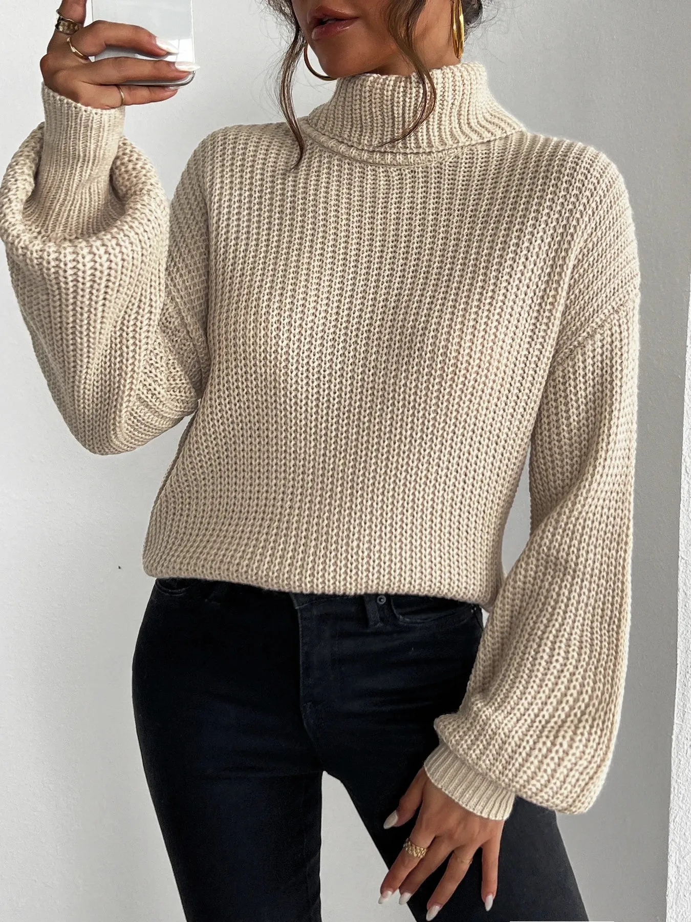 Khaki Knit Ribbed Turtleneck Puff Sleeve Sweater