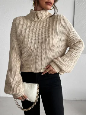 Khaki Knit Ribbed Turtleneck Puff Sleeve Sweater