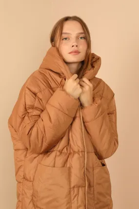 KKT Quilted Fabric Long Sleeve Zip Neck Short Oversize Women Coat - Light Brown - Manteca