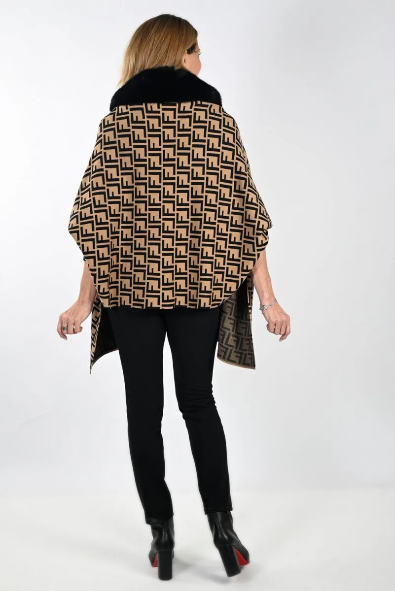 Knit Poncho Camel/Black - Frank Lyman