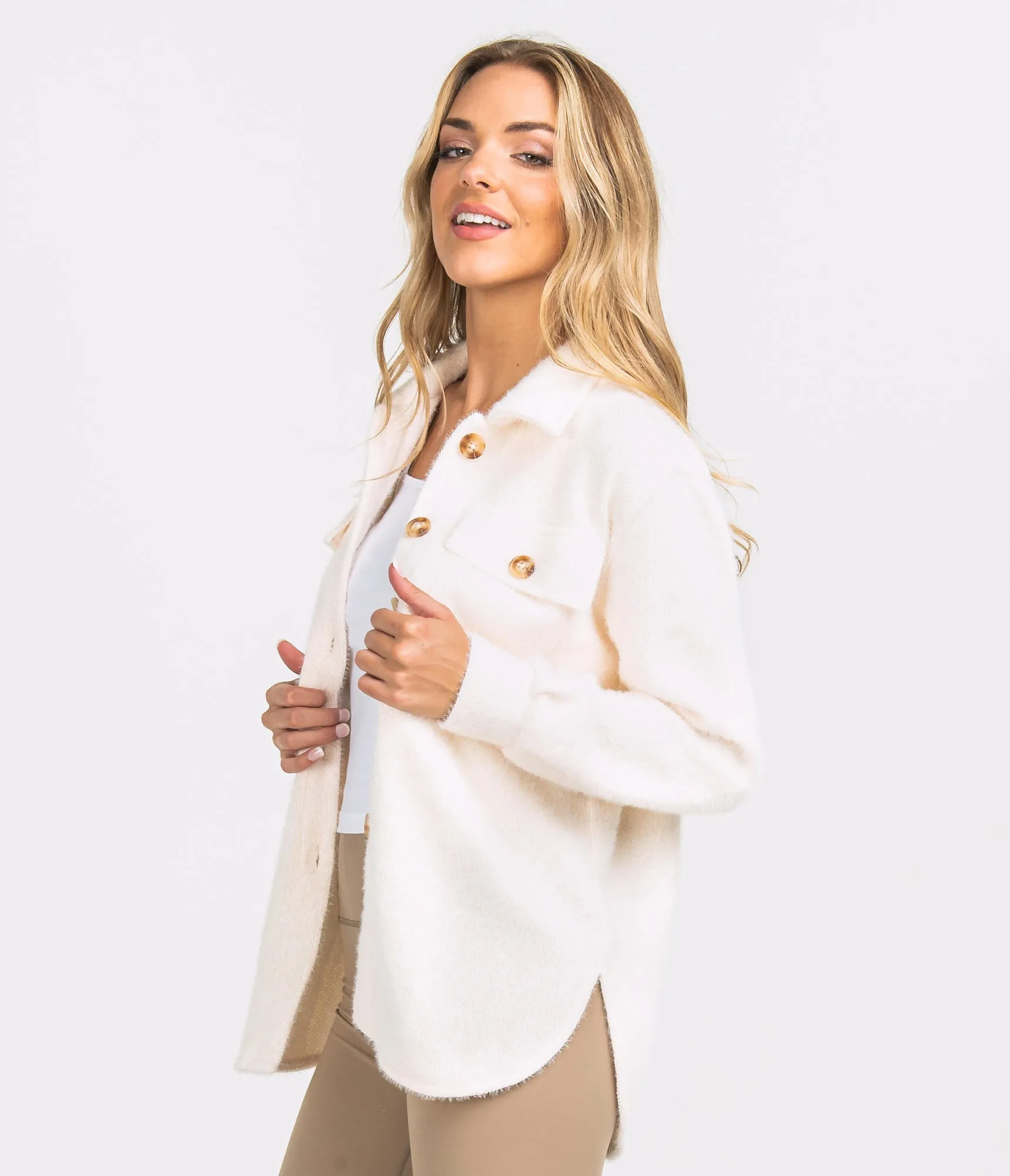 LADIES SOUTHERN SHIRT SWEATER KNIT SHACKET - OFF WHITE