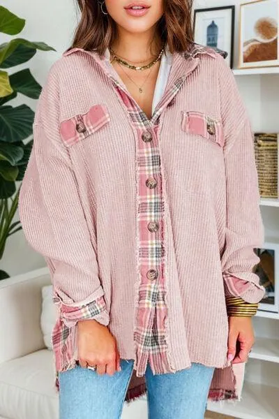 Laid-Back Feels Raw Hem Pink Plaid Shacket