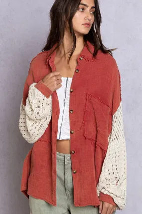 Lesley Dusty Red Crochet Sleeve Shacket