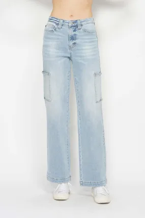 Light Denim High Waist Straight Cargo Jeans
