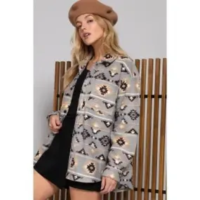 Long Sleeve Printed Fleece Shacket Grey Taupe