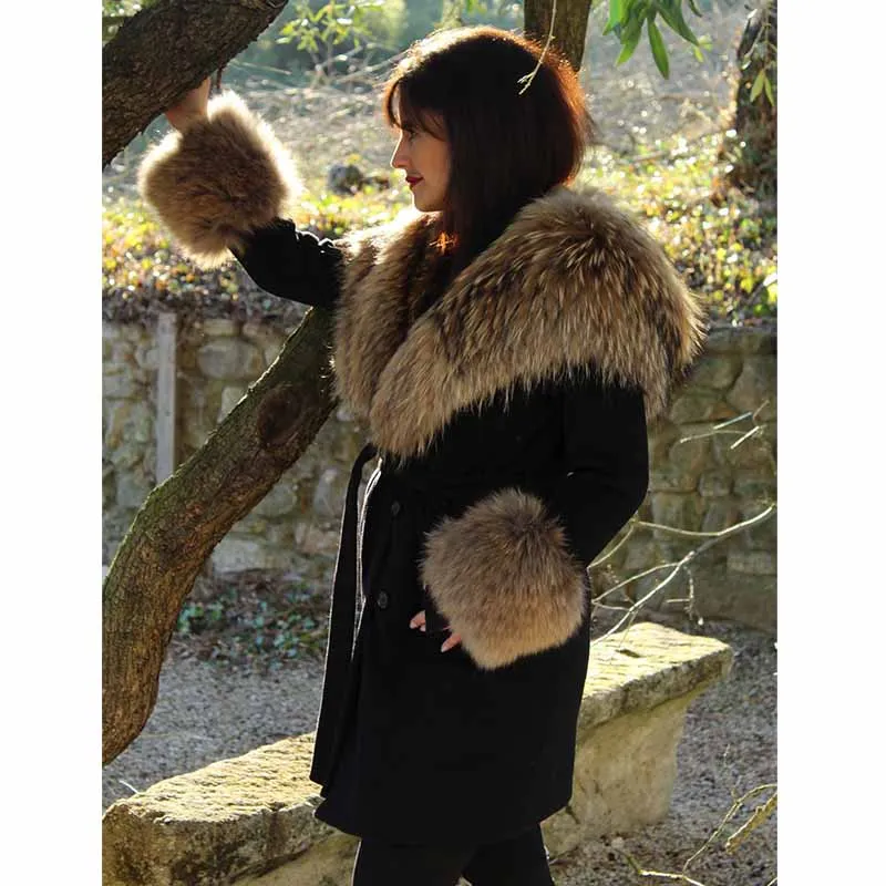 Luxury Cashmere With Black Raccoon Fur Collar Long Coat
