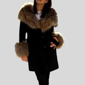 Luxury Cashmere With Black Raccoon Fur Collar Long Coat