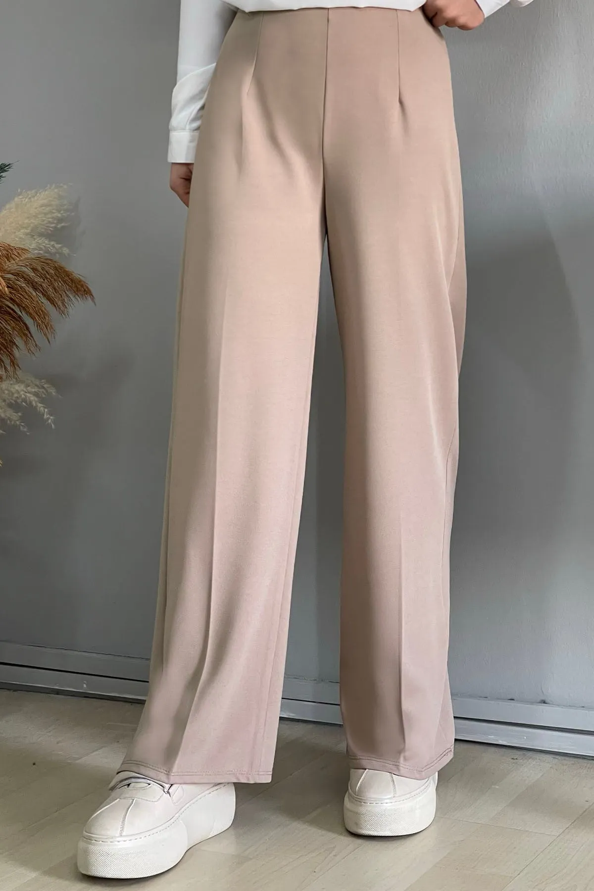 MDS Women Wide Leg High Waist Elastic Waist Pants - Beige - Howell