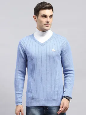 Men Sky Blue Solid V Neck Full Sleeve Pullover