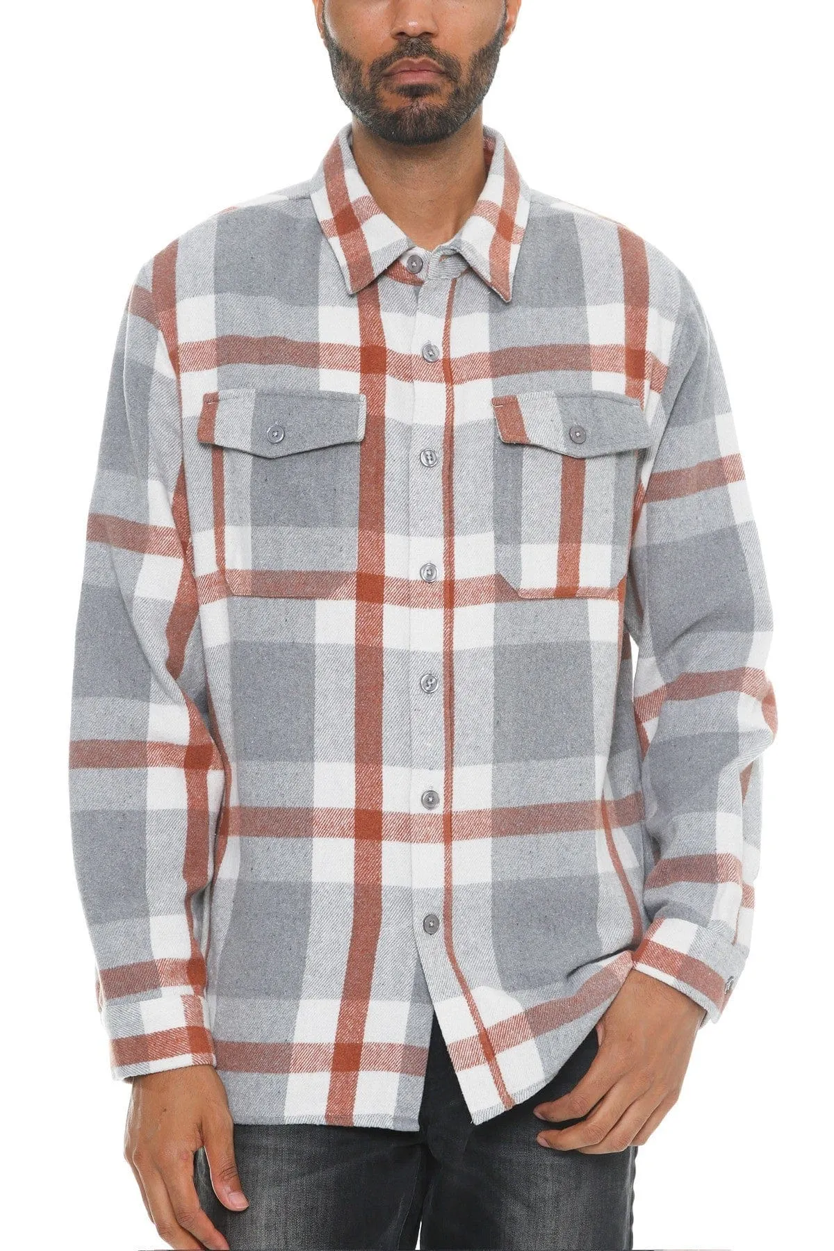 Men's Checkered Soft Flannel Shacket in Grey/Rust: A Fusion of Comfort and Class