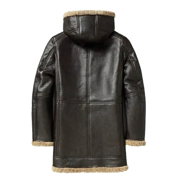 Men's Coffee Hooded B3 Shearling Leather Coat