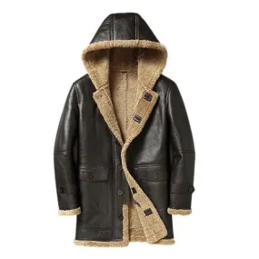 Men's Coffee Hooded B3 Shearling Leather Coat