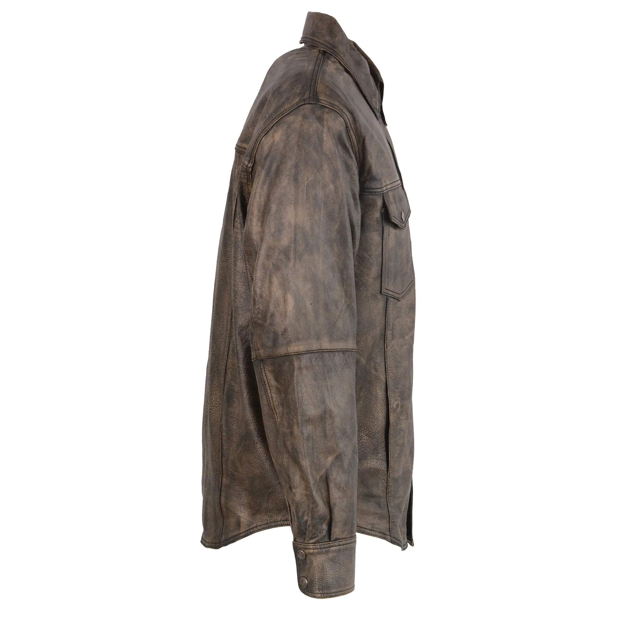 Men's Distressed Brown Lightweight Leather Snap Front Club Shirt