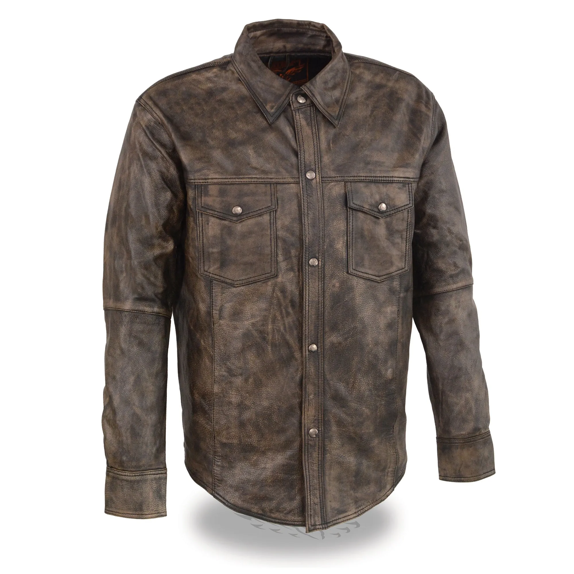 Men's Distressed Brown Lightweight Leather Snap Front Club Shirt