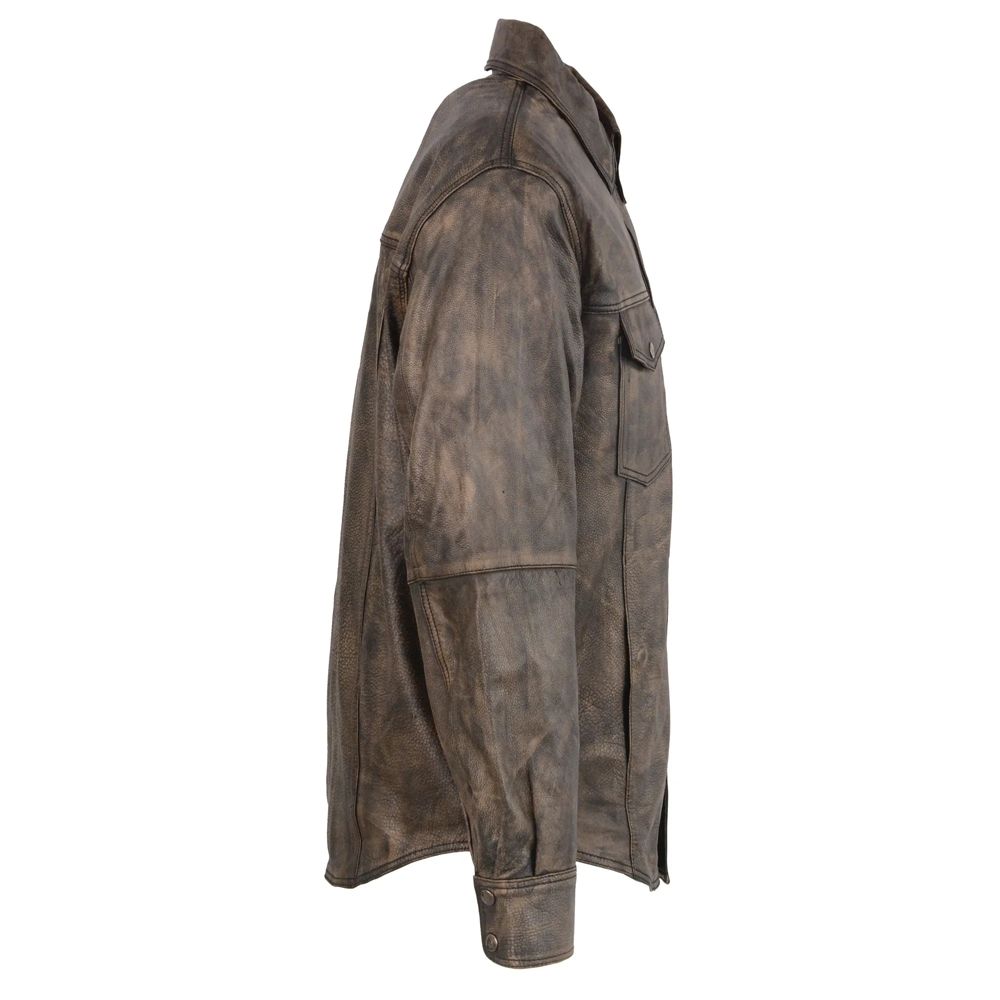 Men's Distressed Brown Lightweight Leather Snap Front Shirt