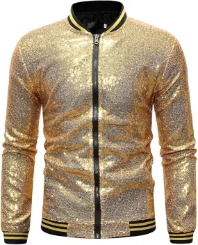 Men's Glitter Sequin Zip Up Gold Bomber Jacket
