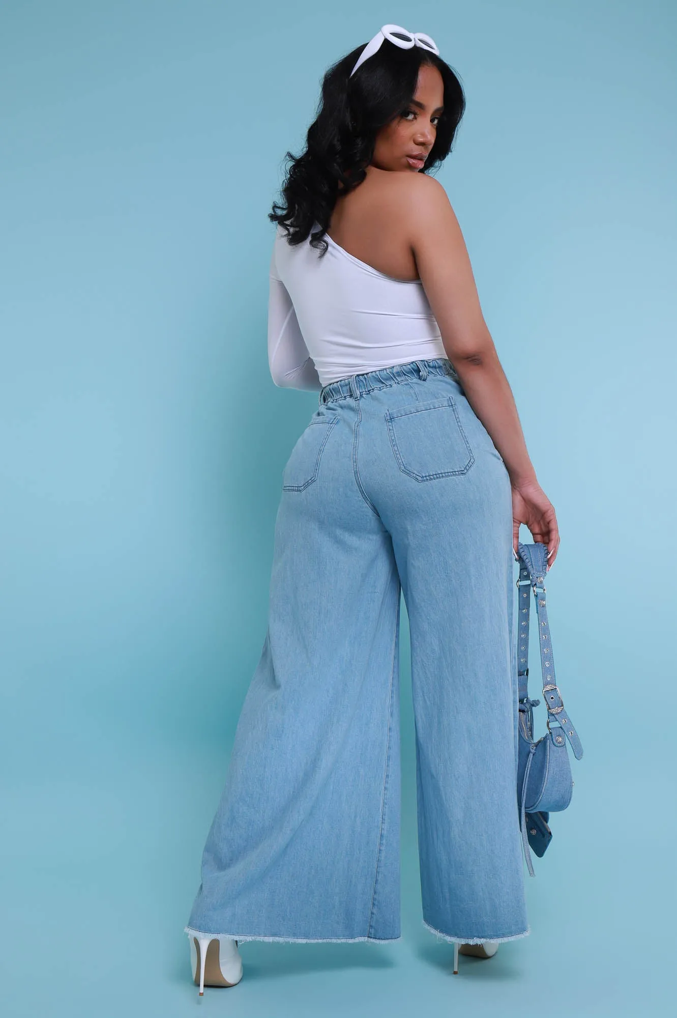 New Obsession High Rise Denim Palazzo Pants - Light Wash