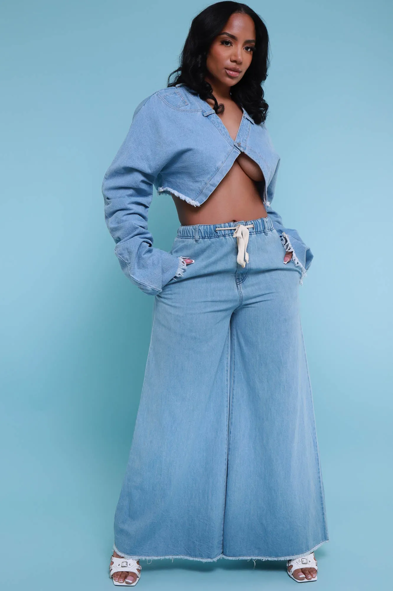 New Obsession High Rise Denim Palazzo Pants - Light Wash