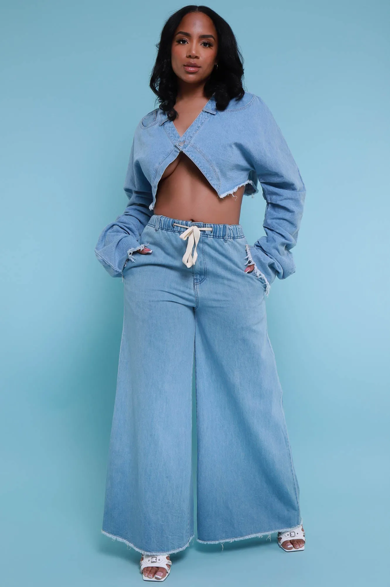 New Obsession High Rise Denim Palazzo Pants - Light Wash