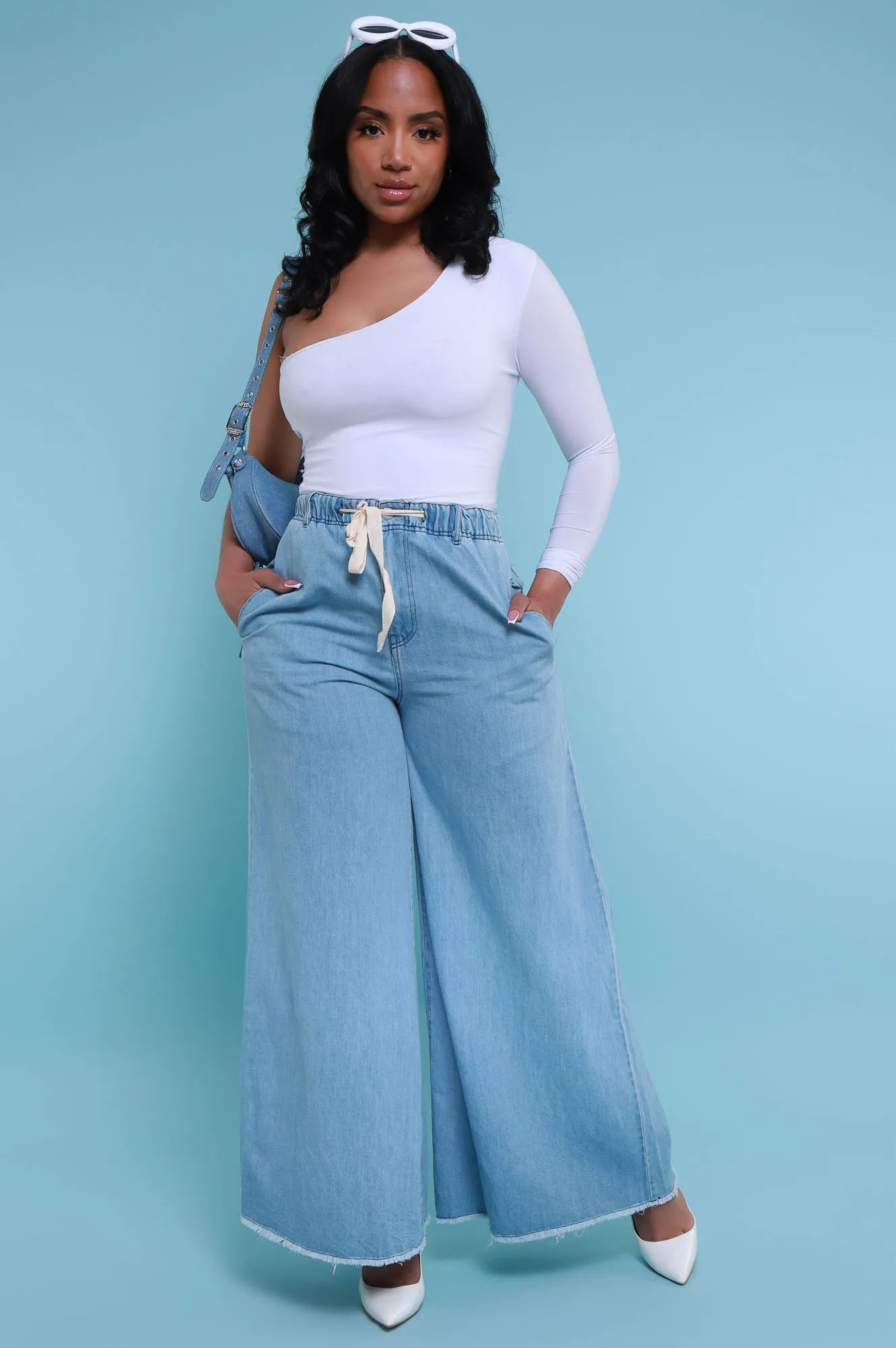 New Obsession High Rise Denim Palazzo Pants - Light Wash