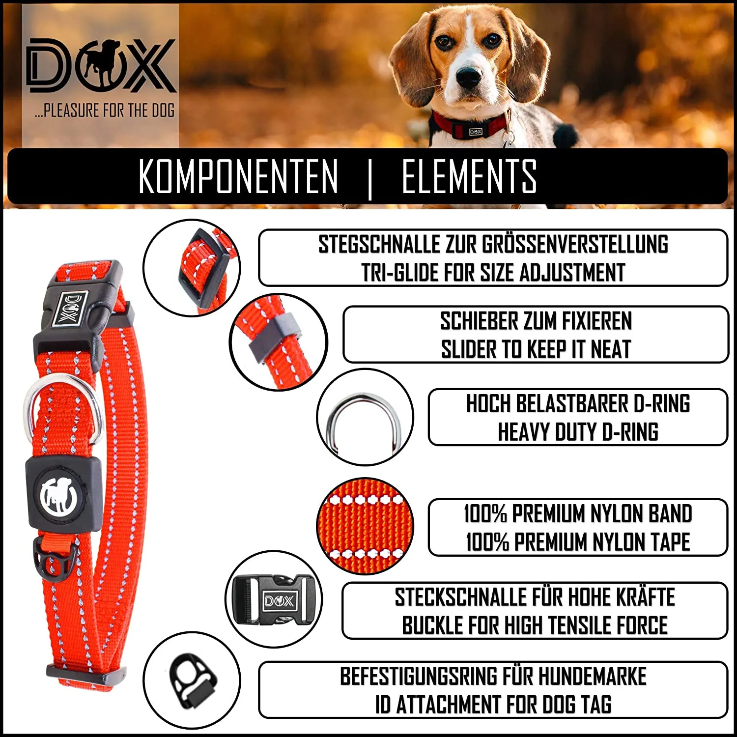 Nylon Dog Collar - Reflective & Adjustable - For Dogs Large & Small - Collar