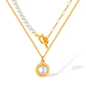 Pearl and OT Clasp Pendant Two Layers Stacked Necklace