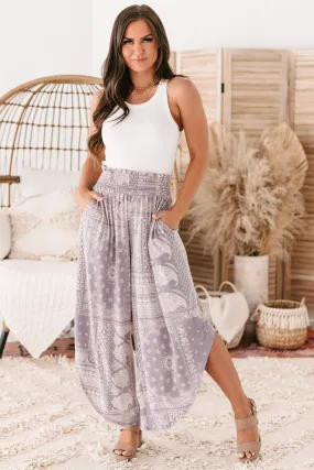 Pia Smocked Waist Paisley Print Pants (Grey)