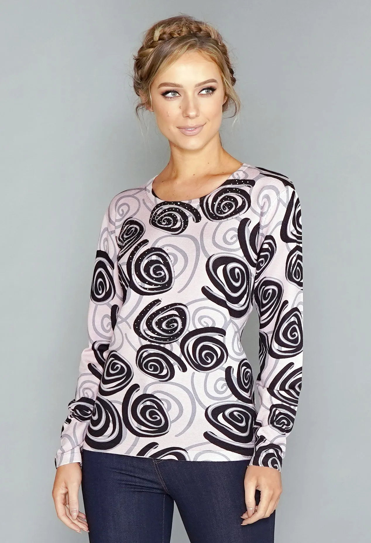 Pink Swirl Print Pullover with Diamonte Detail