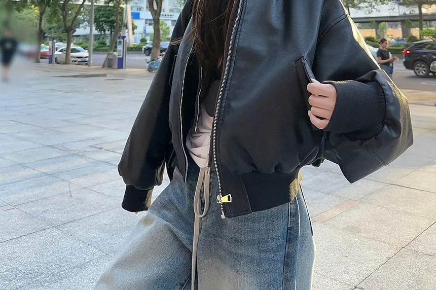 Plain Zip-Up Hoodie / Faux Leather Bomber Jacket
