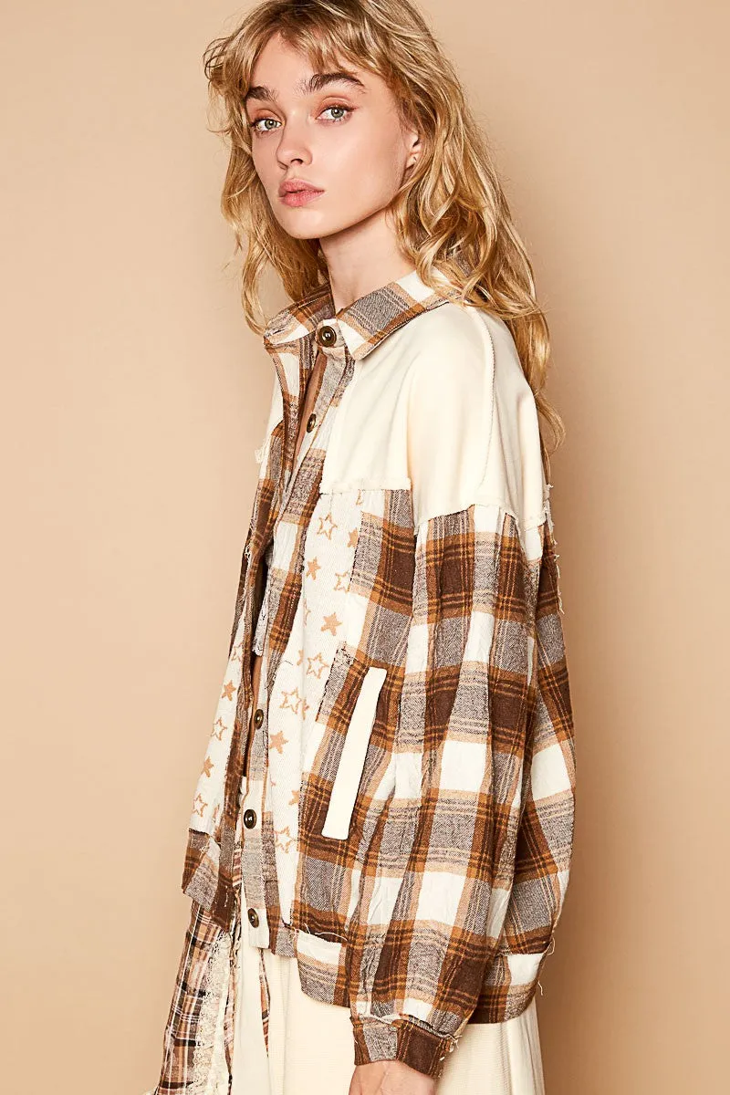POL Clothing Plaid & Star Patchwork Contrast Long Sleeve Womens Shacket