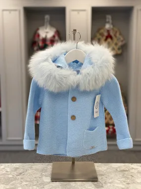 RAHIGO Fur Hood Blue Knitted Coat - CLEARANCE SALE