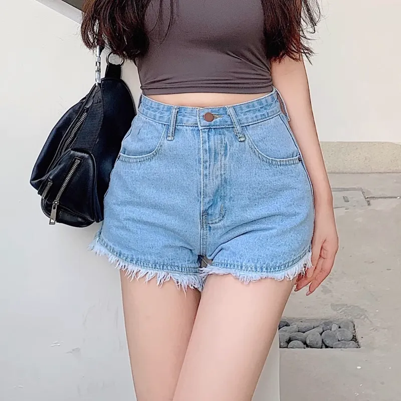 Raw Fringed Slim High-Waist Denim Shorts