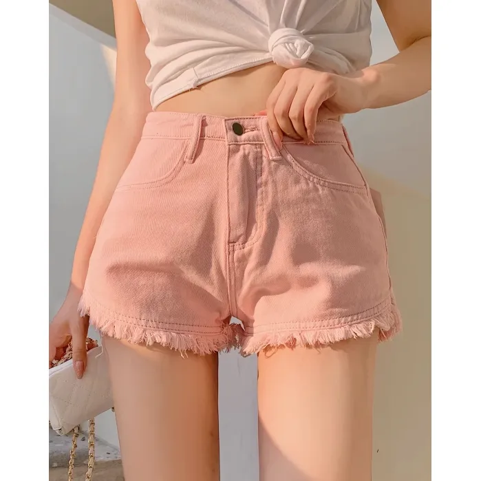 Raw Fringed Slim High-Waist Denim Shorts
