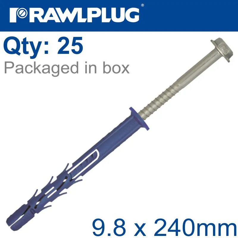 RAWLPLUG NYL FRAME FIXING ZP   COLLAR SCREW 9.8MMX240MM X25 -BOX RAW R-FF1-N-10K240-DT