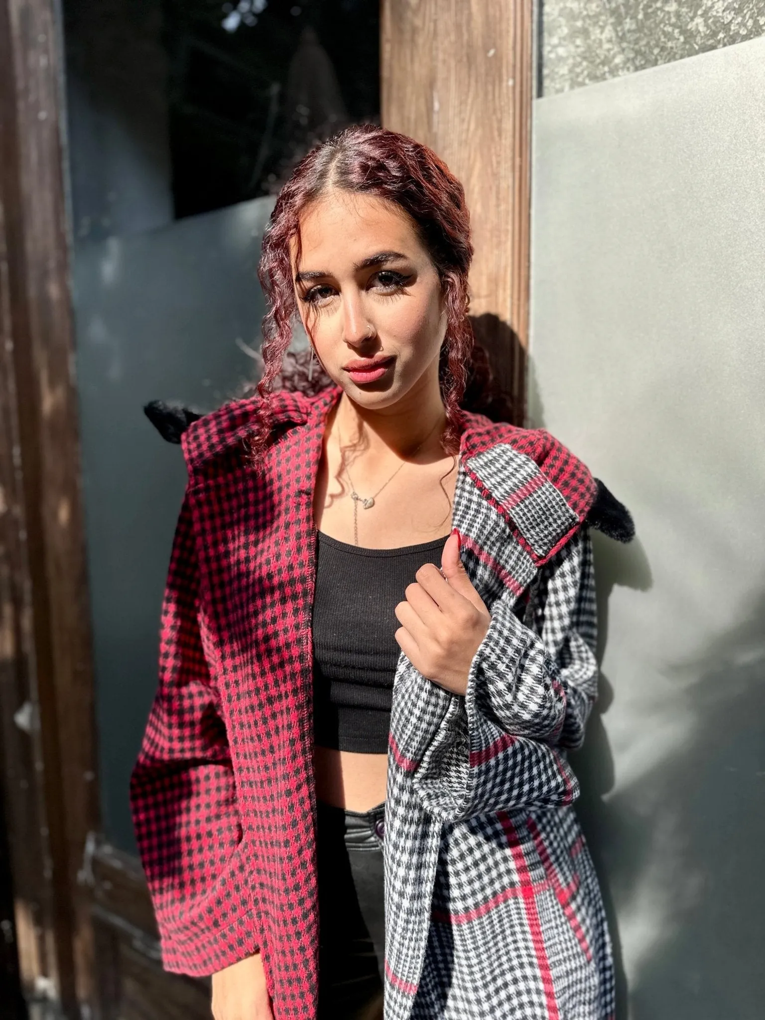 RedXGrey Plaid Fur Trim Coat