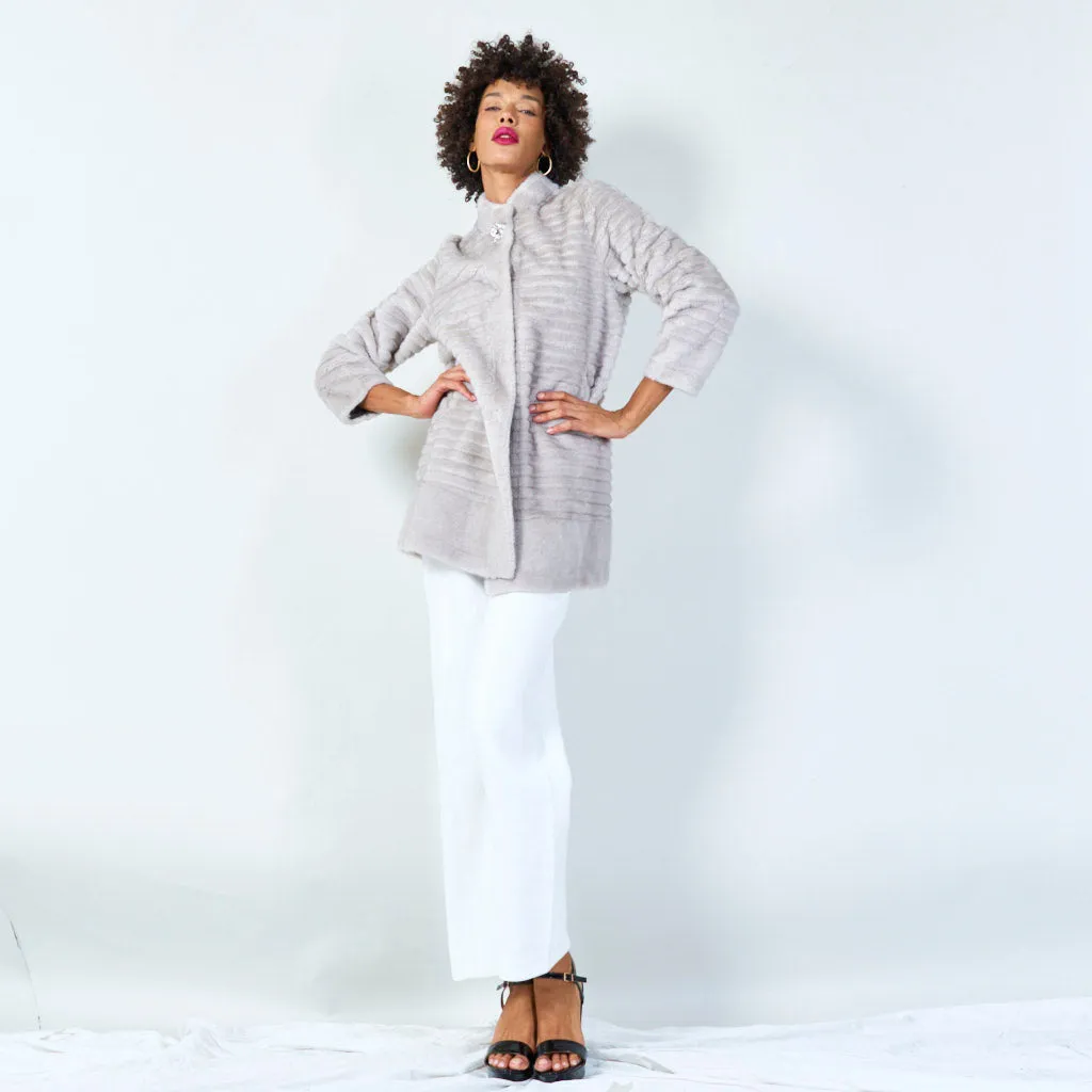 Ribbed faux fur coat with clasp detail wholesale