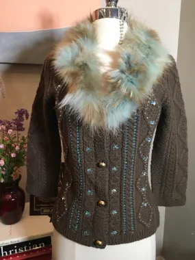 Roberto Cavalli CLASS Olive Green Wool Knit Fox Fur Sweater 2400-392-12119