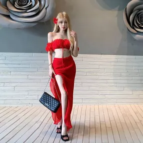 Set: Off-Shoulder Plain Crop Top   High Waist Side-Slit Maxi Pencil Skirt