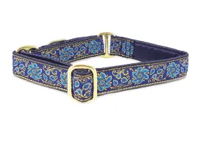 Sevilla in Blue, Turquoise & Gold - Martingale Dog Collar or Buckle Dog Collar - 1" Width