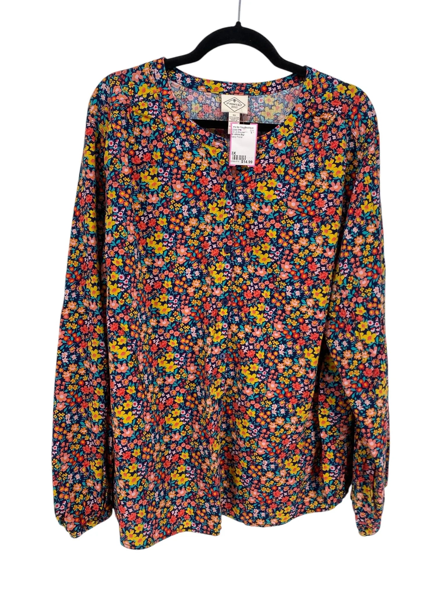 St Johns Bay Women Size 3X Navy Floral CD LS Blouse