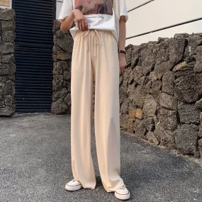 Streaming Popular Summer Women High Waist Slim Look Ice Silk Wide Leg Pants Loose All-Matching Casual Lengthen Floor Length Pants