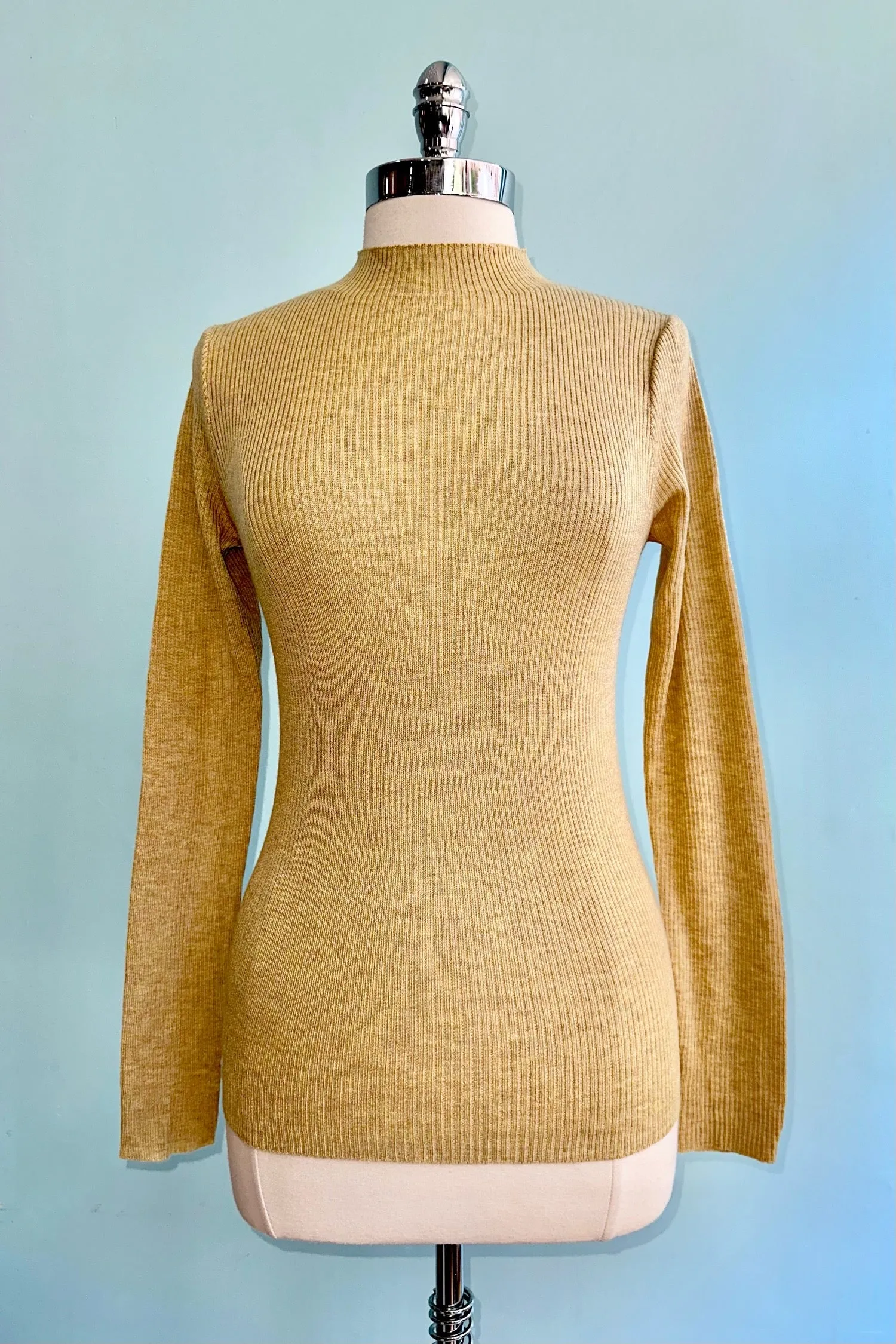 Tan Ribbed Knit High Collar Sweater by Compania Fantastica