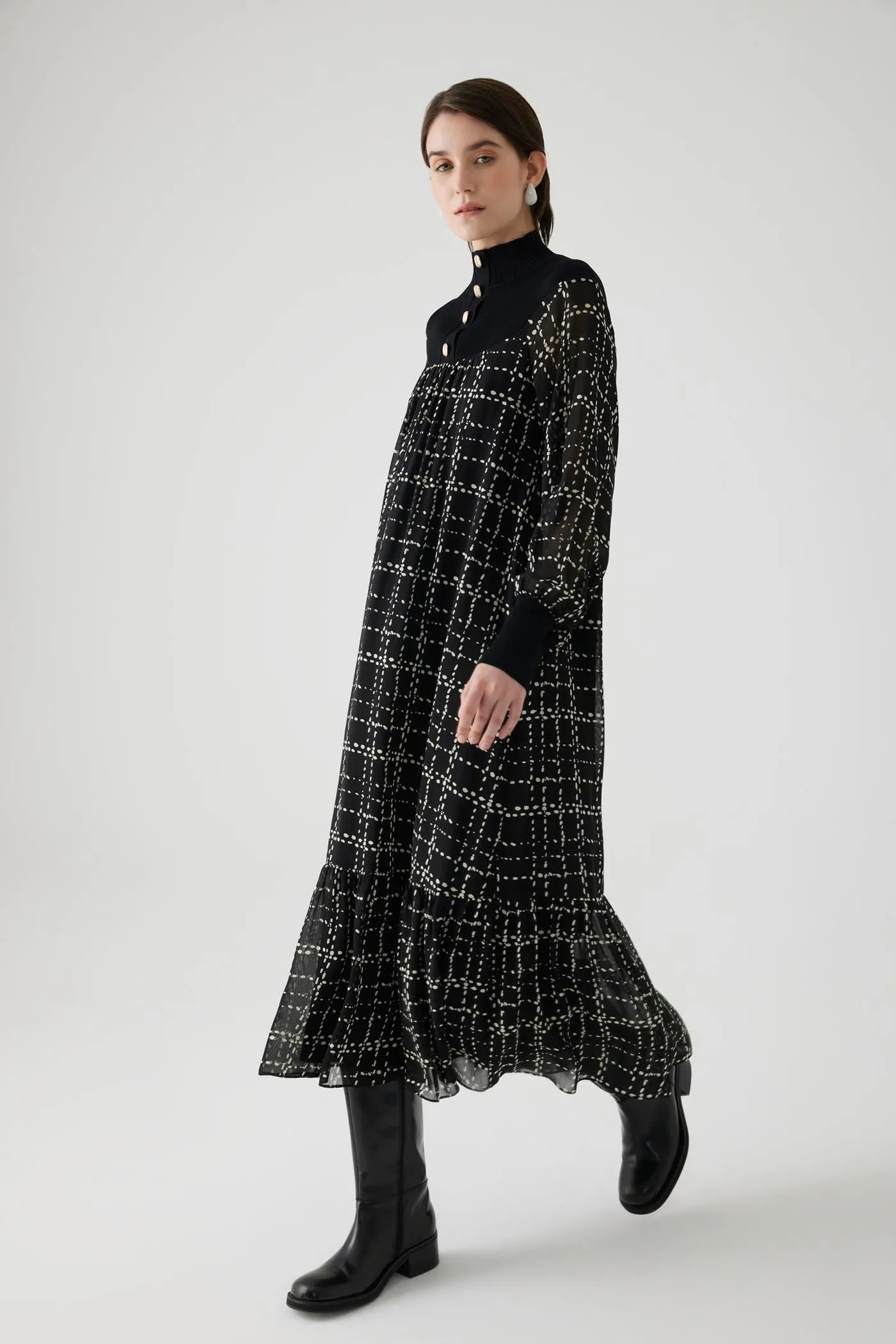 Tweed Checked Midi Regular Dress