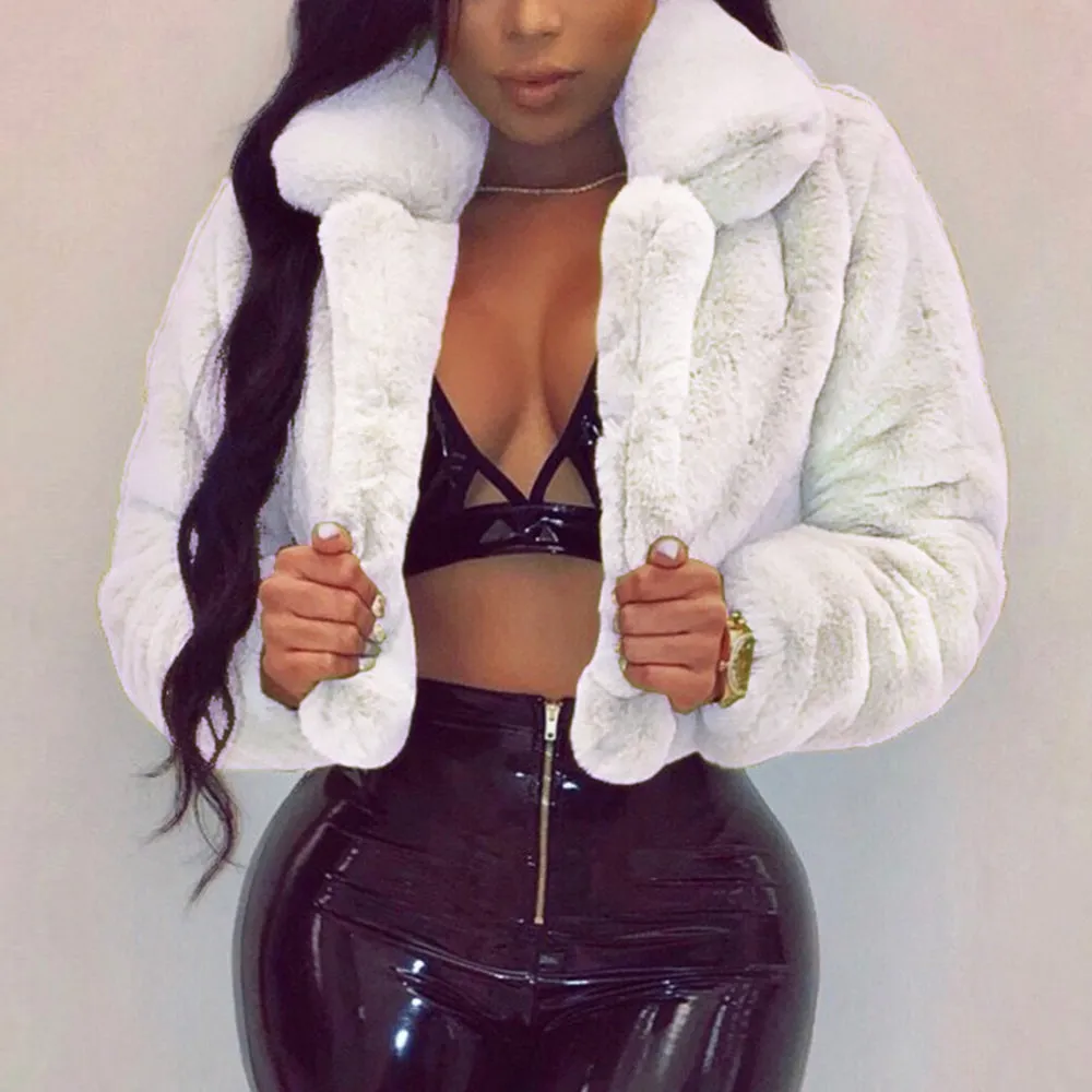 Warm Fluffy Faux Fur Cropped Jacket Turn Down Collar Open Front
