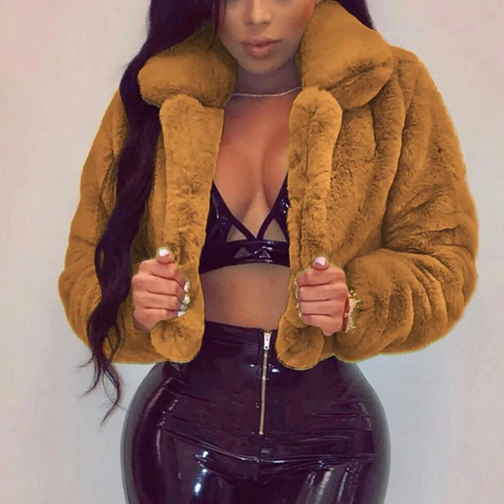 Warm Fluffy Faux Fur Cropped Jacket Turn Down Collar Open Front